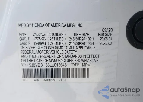 2020 Acura Mdx Technology Package z USA, uszkodzony, nr VIN 5J8YD3H55LL013646